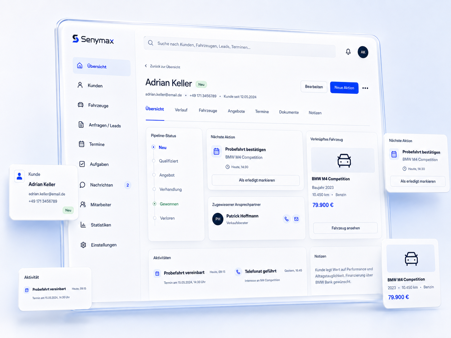 Senymax Kundenübersicht mit CRM, Pipeline, Terminen und Fahrzeugdaten